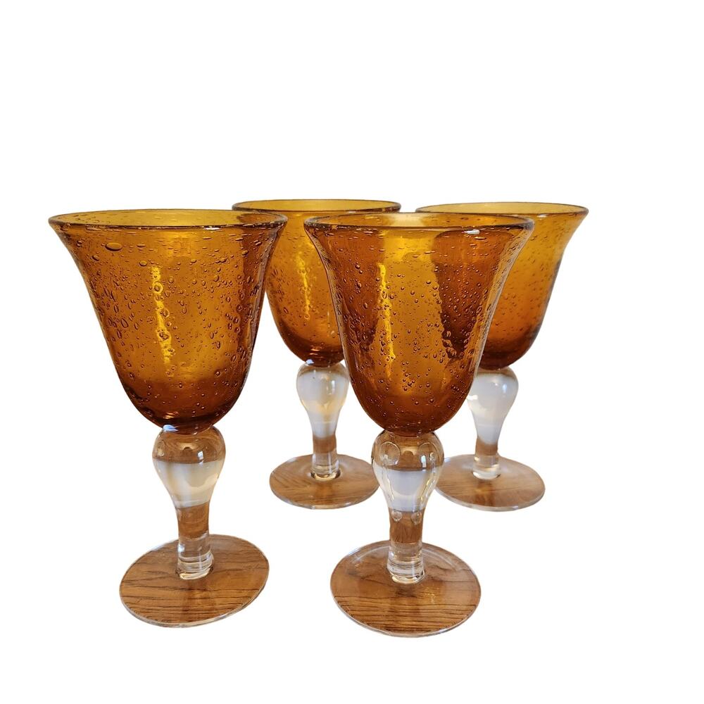 Artland Seeded Bubble Glass Goblets Set Of‎ 4 Iris Amber 14 Oz Gold Iced Tea Vtg